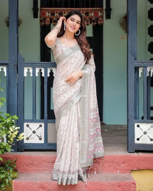 Soft_Grey_Pure_Cotton_Linen_Saree_with_Pink_and_White_Ikat_Design,_Blouse,_and_Tassel_Detailing