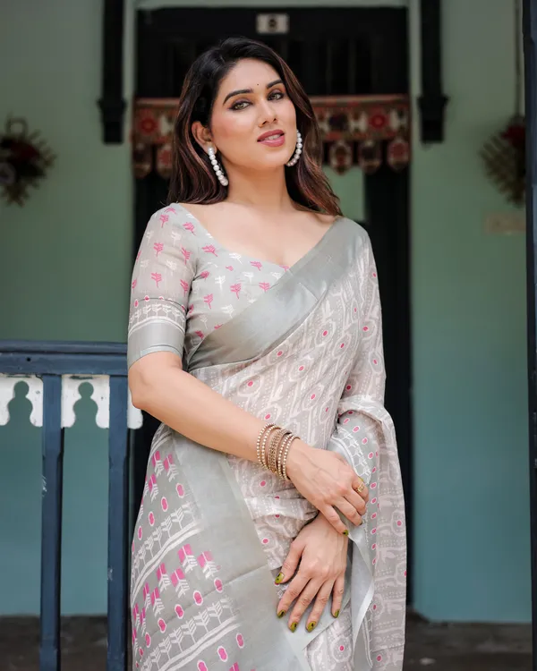 Soft_Grey_Pure_Cotton_Linen_Saree_with_Pink_and_White_Ikat_Design,_Blouse,_and_Tassel_Detailing