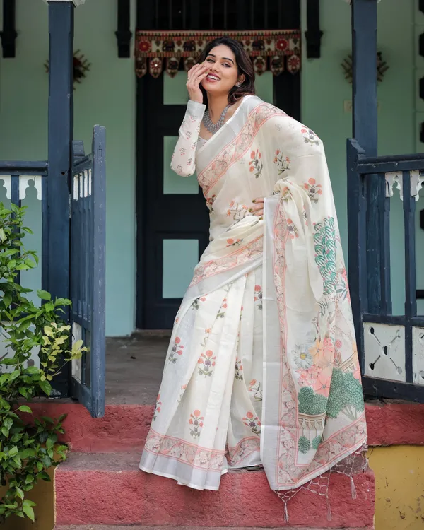 Ivory_Pure_Cotton_Linen_Saree_with_Pastel_Floral_Design,_Blouse,_and_Tassel_Detailing