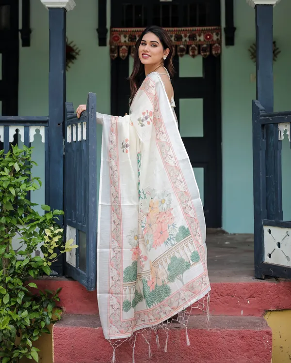 Ivory_Pure_Cotton_Linen_Saree_with_Pastel_Floral_Design,_Blouse,_and_Tassel_Detailing