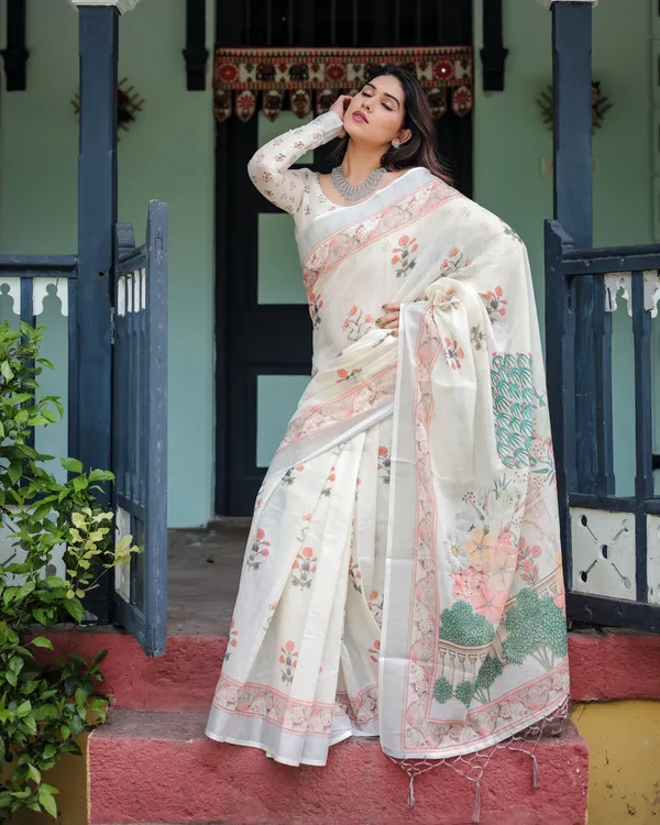 Ivory_Pure_Cotton_Linen_Saree_with_Pastel_Floral_Design,_Blouse,_and_Tassel_Detailing