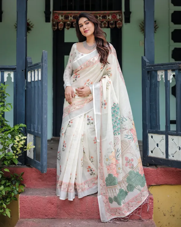 Ivory_Pure_Cotton_Linen_Saree_with_Pastel_Floral_Design,_Blouse,_and_Tassel_Detailing
