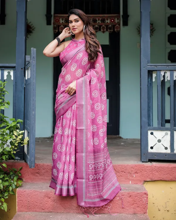 Magenta_Pure_Cotton_Linen_Saree_with_White_Floral_Block_Print,_Blouse,_and_Tassel_Detailing