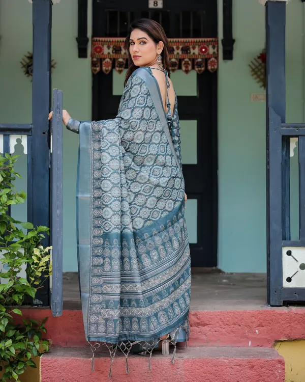 Teal_Blue_Pure_Cotton_Linen_Saree_with_Geometric_Block_Print,_Blouse,_and_Tassel_Detailing