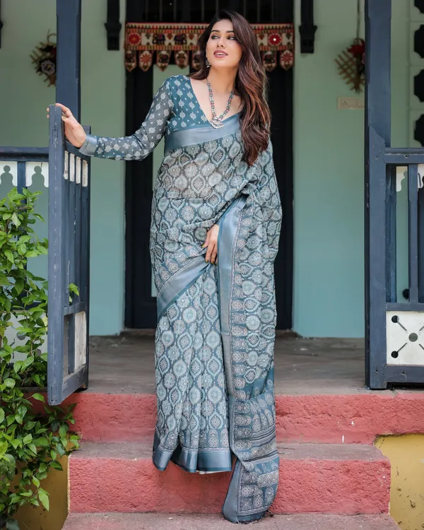 Teal_Blue_Pure_Cotton_Linen_Saree_with_Geometric_Block_Print,_Blouse,_and_Tassel_Detailing