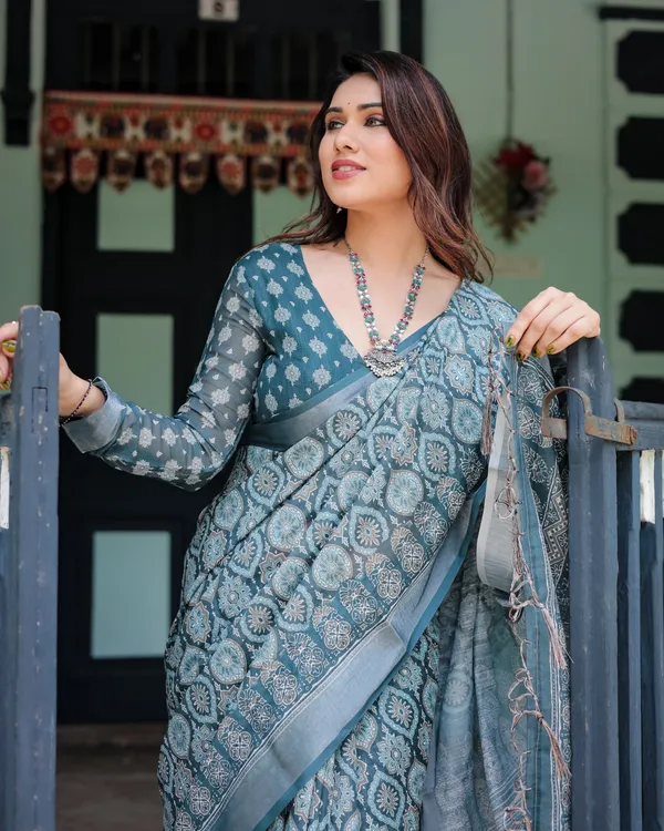 Teal_Blue_Pure_Cotton_Linen_Saree_with_Geometric_Block_Print,_Blouse,_and_Tassel_Detailing