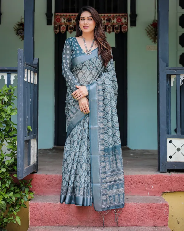 Teal_Blue_Pure_Cotton_Linen_Saree_with_Geometric_Block_Print,_Blouse,_and_Tassel_Detailing