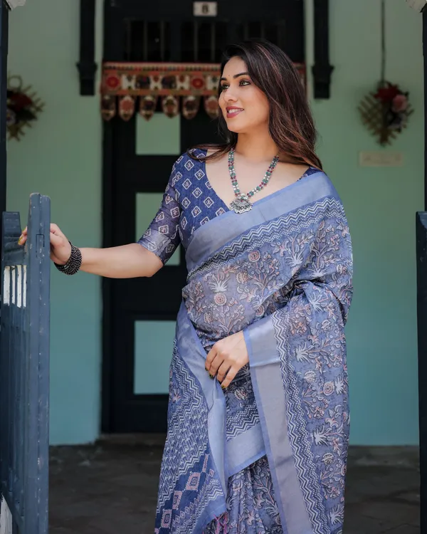 Steel_Blue_Pure_Cotton_Linen_Saree_with_Floral_and_Geometric_Block_Print,_Blouse,_and_Tassel_Detailing