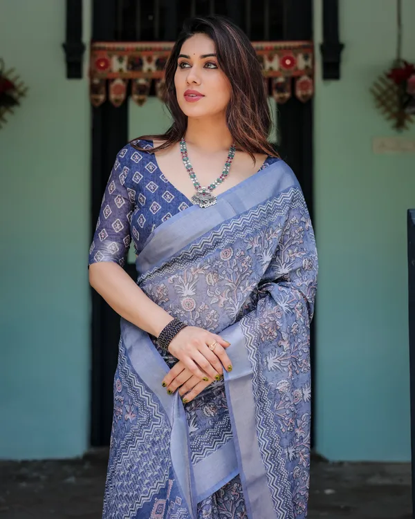 Steel_Blue_Pure_Cotton_Linen_Saree_with_Floral_and_Geometric_Block_Print,_Blouse,_and_Tassel_Detailing