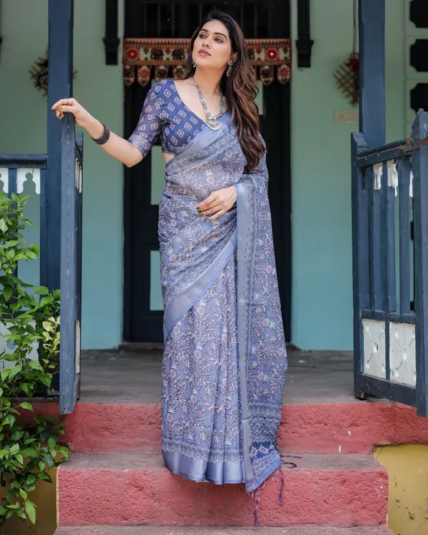 Steel_Blue_Pure_Cotton_Linen_Saree_with_Floral_and_Geometric_Block_Print,_Blouse,_and_Tassel_Detailing