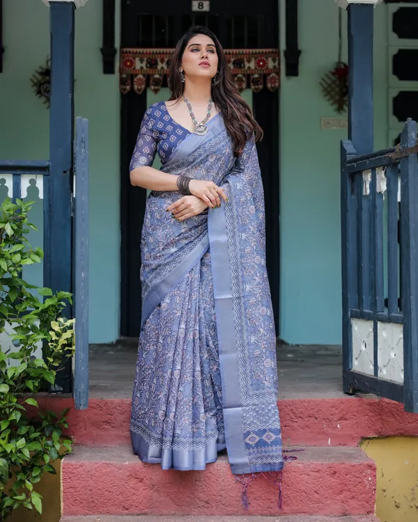 Steel_Blue_Pure_Cotton_Linen_Saree_with_Floral_and_Geometric_Block_Print,_Blouse,_and_Tassel_Detailing