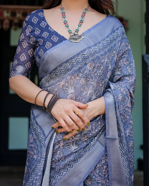 Steel_Blue_Pure_Cotton_Linen_Saree_with_Floral_and_Geometric_Block_Print,_Blouse,_and_Tassel_Detailing