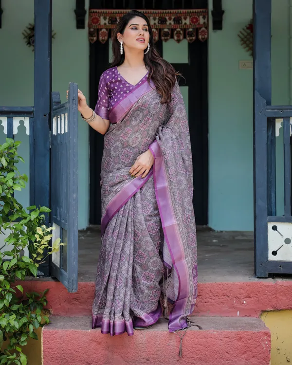 Elegant_Purple_Cotton_Linen_Saree_with_Geometric_Motif_and_Blouse