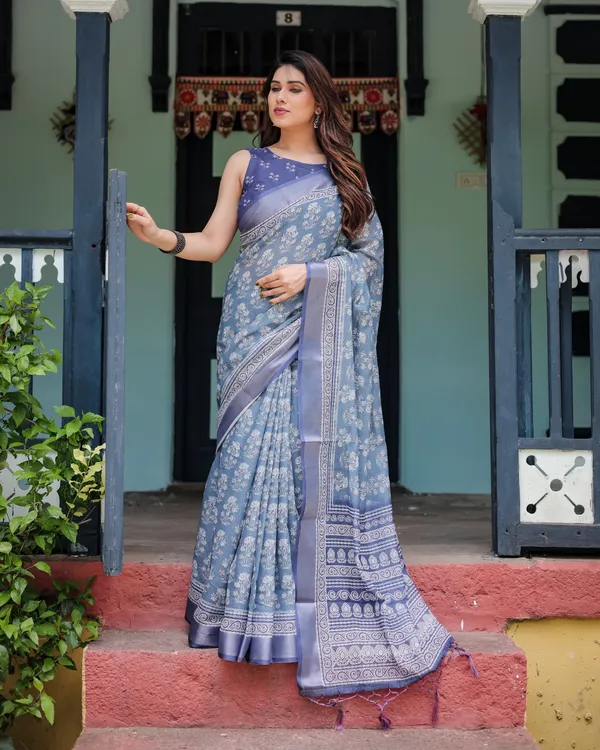 Elegant_Blue_Pure_Cotton_Linen_Saree_with_Floral_Pattern,_Blouse,_and_Tassels_on_Edges