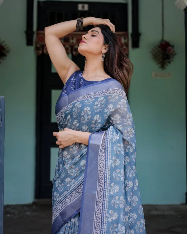 Elegant_Blue_Pure_Cotton_Linen_Saree_with_Floral_Pattern,_Blouse,_and_Tassels_on_Edges