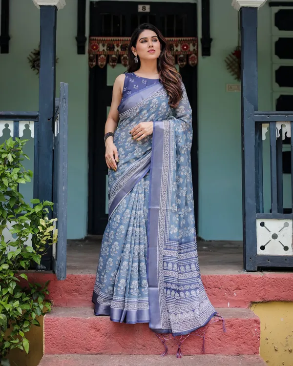 Elegant_Blue_Pure_Cotton_Linen_Saree_with_Floral_Pattern,_Blouse,_and_Tassels_on_Edges