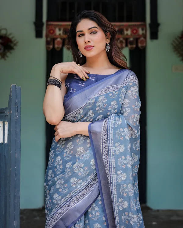 Elegant_Blue_Pure_Cotton_Linen_Saree_with_Floral_Pattern,_Blouse,_and_Tassels_on_Edges