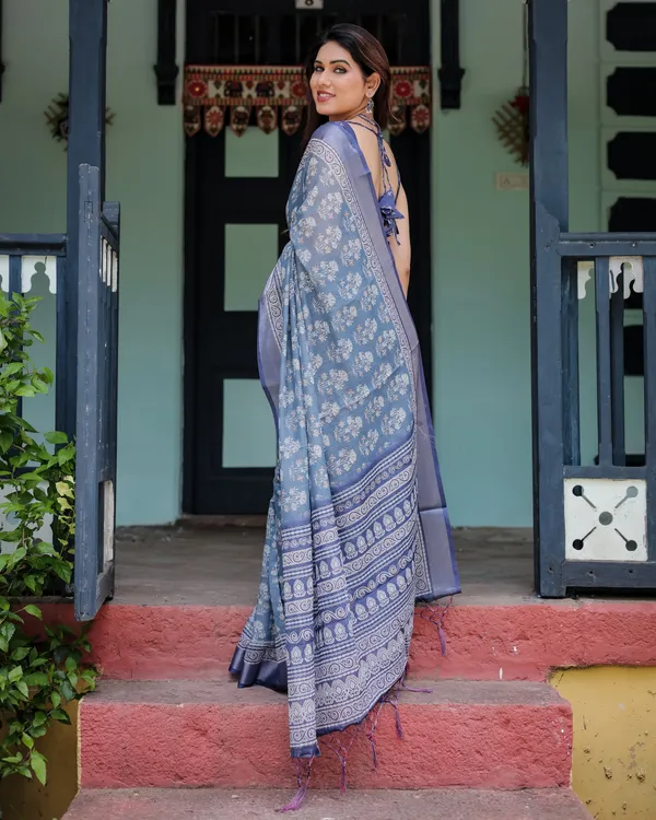 Elegant_Blue_Pure_Cotton_Linen_Saree_with_Floral_Pattern,_Blouse,_and_Tassels_on_Edges