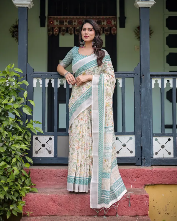 Elegant_Floral_Printed_Pure_Cotton_Linen_Saree_in_Ivory_with_Teal_Border_and_Blouse,_Tassels_on_Edges