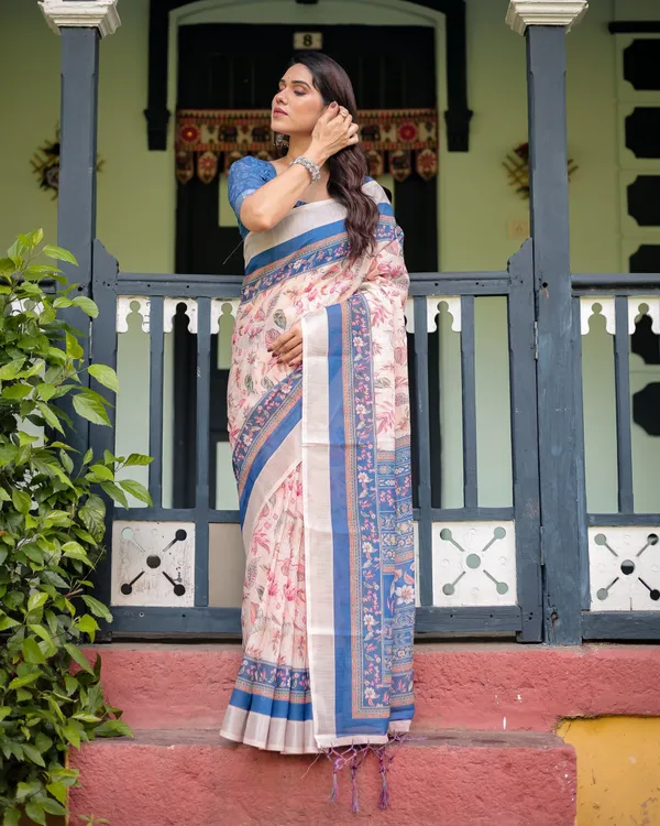 Pure_Cotton_Linen_Saree_with_Blue_Floral_Border_and_Pink_Leaf_Design_with_Tassels_on_Edges