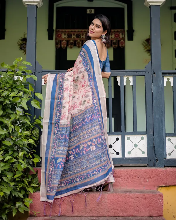 Pure_Cotton_Linen_Saree_with_Blue_Floral_Border_and_Pink_Leaf_Design_with_Tassels_on_Edges