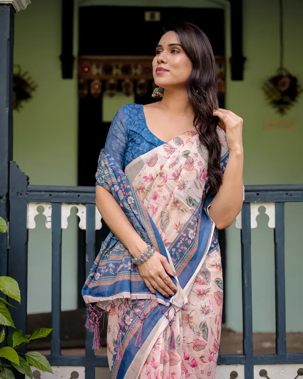 Pure_Cotton_Linen_Saree_with_Blue_Floral_Border_and_Pink_Leaf_Design_with_Tassels_on_Edges