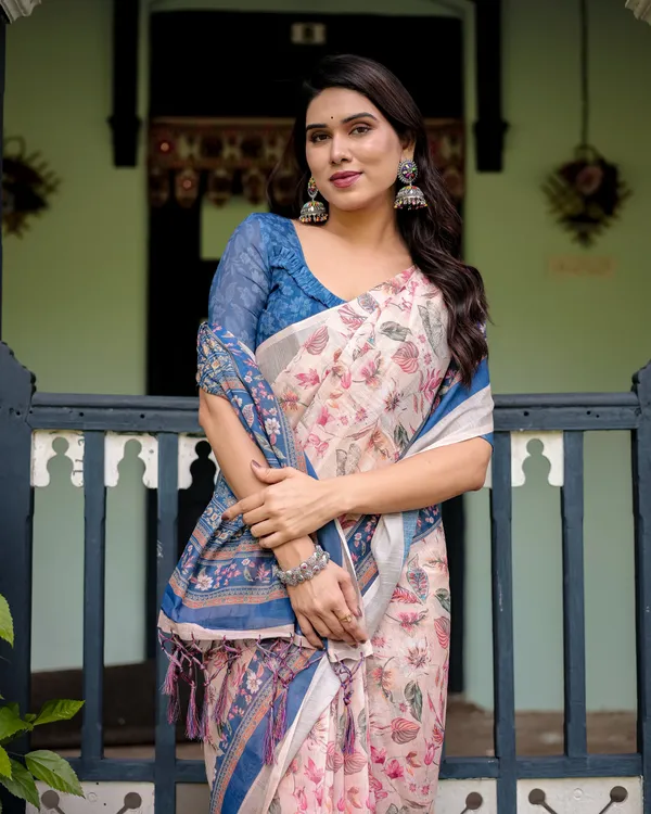 Pure_Cotton_Linen_Saree_with_Blue_Floral_Border_and_Pink_Leaf_Design_with_Tassels_on_Edges