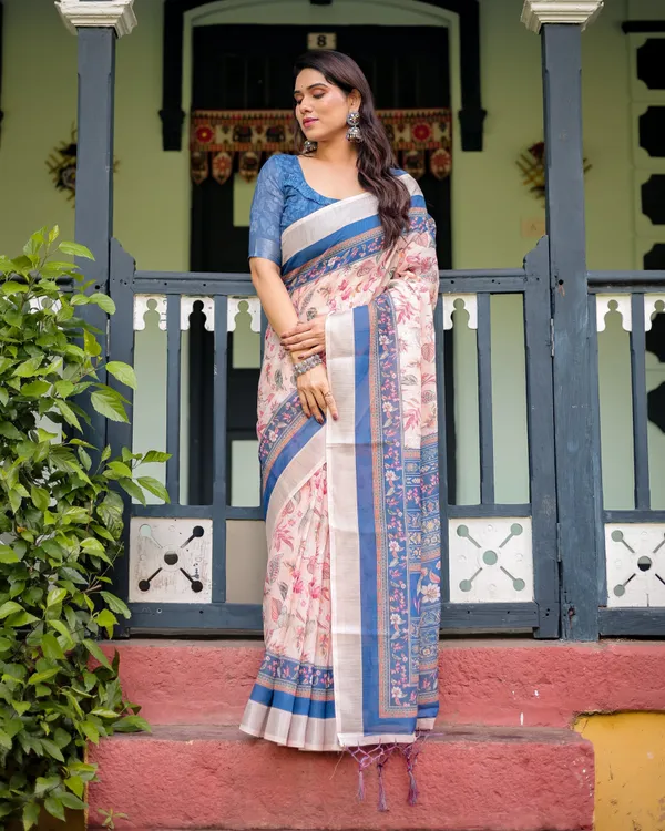 Pure_Cotton_Linen_Saree_with_Blue_Floral_Border_and_Pink_Leaf_Design_with_Tassels_on_Edges