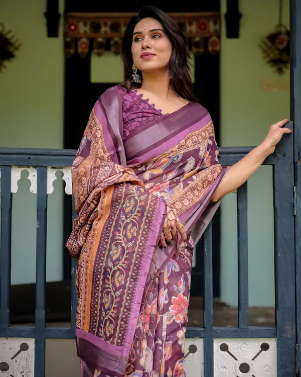 Purple_Floral_Printed_Pure_Cotton_Linen_Saree_with_Blouse_and_Tassels