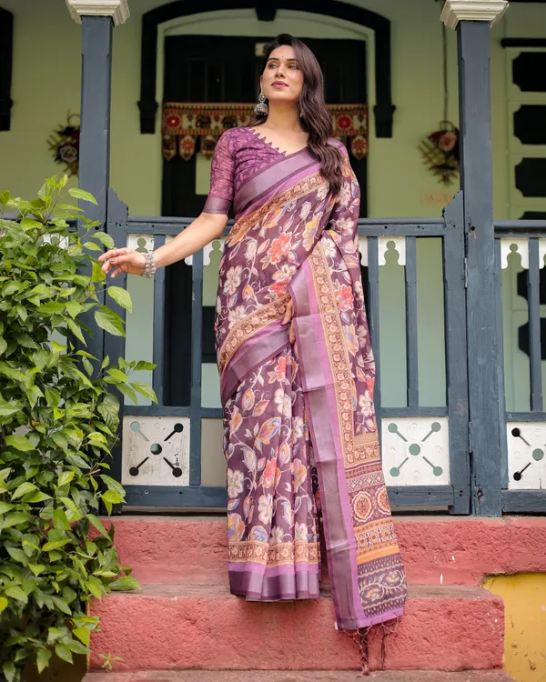 Purple_Floral_Printed_Pure_Cotton_Linen_Saree_with_Blouse_and_Tassels