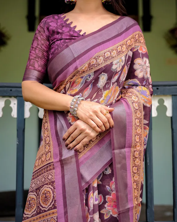 Purple_Floral_Printed_Pure_Cotton_Linen_Saree_with_Blouse_and_Tassels