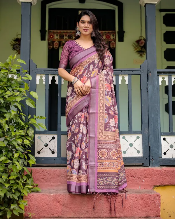 Purple_Floral_Printed_Pure_Cotton_Linen_Saree_with_Blouse_and_Tassels