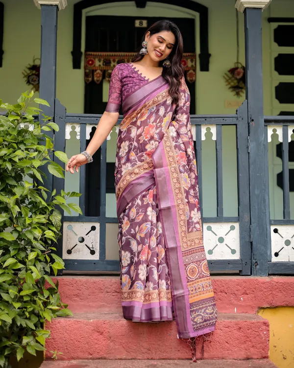 Purple_Floral_Printed_Pure_Cotton_Linen_Saree_with_Blouse_and_Tassels