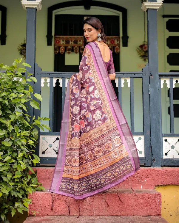 Purple_Floral_Printed_Pure_Cotton_Linen_Saree_with_Blouse_and_Tassels