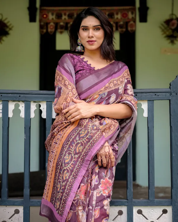 Purple_Floral_Printed_Pure_Cotton_Linen_Saree_with_Blouse_and_Tassels