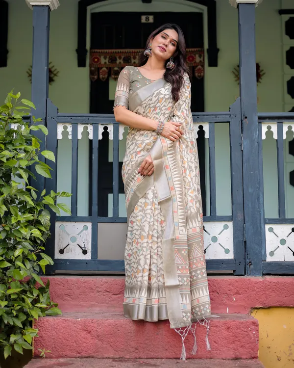 Beige_Pure_Cotton_Linen_Saree_with_Geometric_and_Leaf_Pattern,_Blouse,_and_Tassels