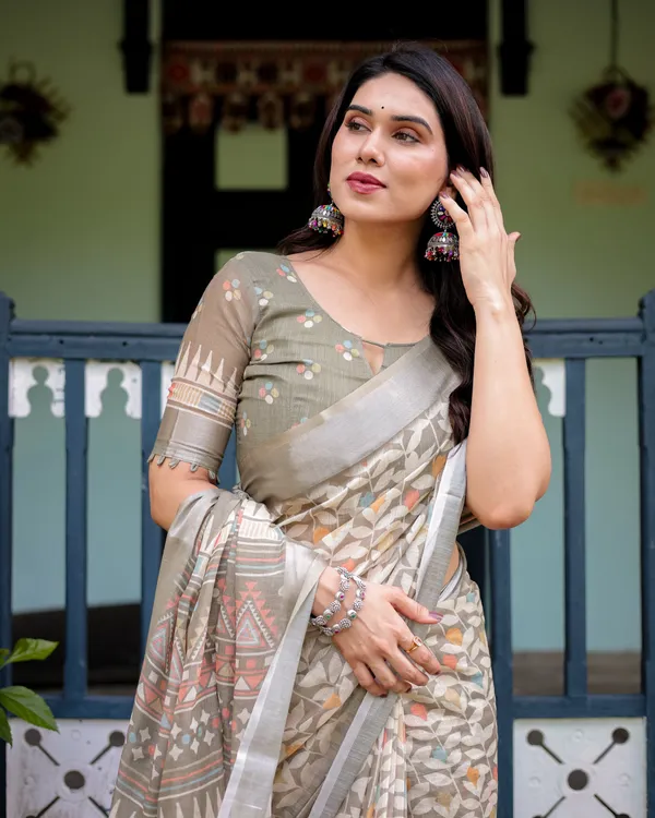 Beige_Pure_Cotton_Linen_Saree_with_Geometric_and_Leaf_Pattern,_Blouse,_and_Tassels
