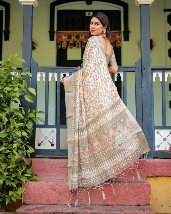 Beige_Pure_Cotton_Linen_Saree_with_Geometric_and_Leaf_Pattern,_Blouse,_and_Tassels