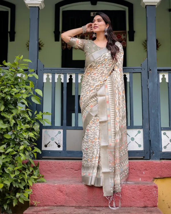 Beige_Pure_Cotton_Linen_Saree_with_Geometric_and_Leaf_Pattern,_Blouse,_and_Tassels
