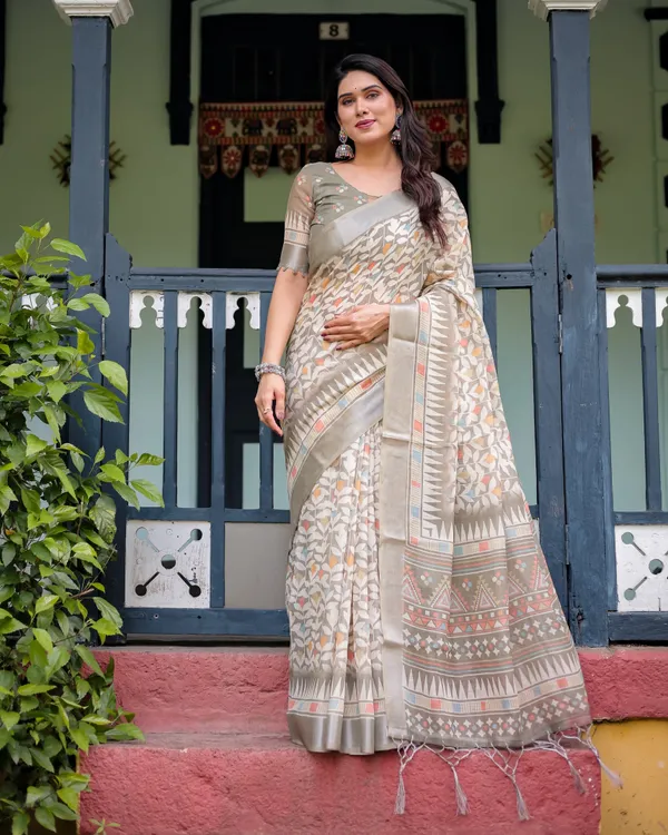 Beige_Pure_Cotton_Linen_Saree_with_Geometric_and_Leaf_Pattern,_Blouse,_and_Tassels