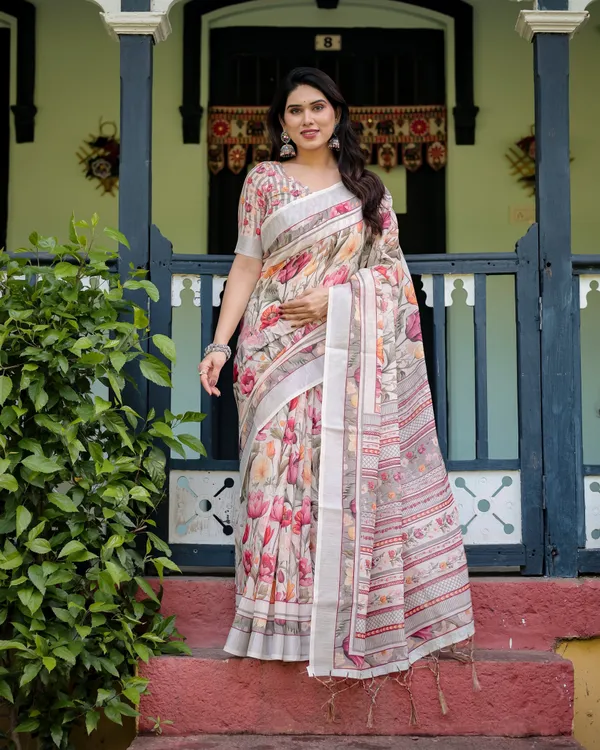 Elegant_Floral_Print_Pure_Cotton_Linen_Saree_in_Ivory_with_Multi-Color_Florals_and_Tassels