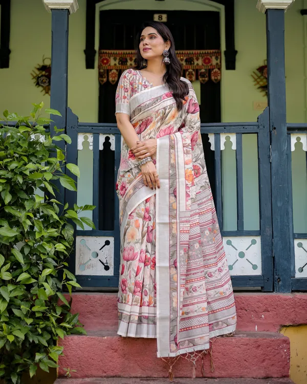 Elegant_Floral_Print_Pure_Cotton_Linen_Saree_in_Ivory_with_Multi-Color_Florals_and_Tassels