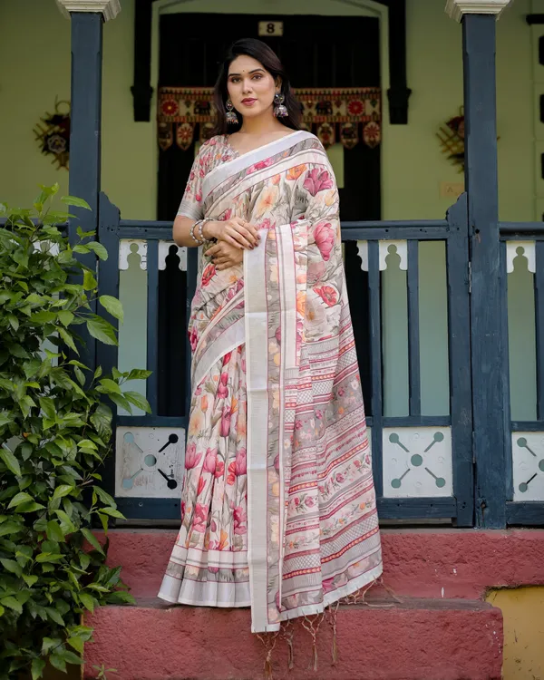 Elegant_Floral_Print_Pure_Cotton_Linen_Saree_in_Ivory_with_Multi-Color_Florals_and_Tassels