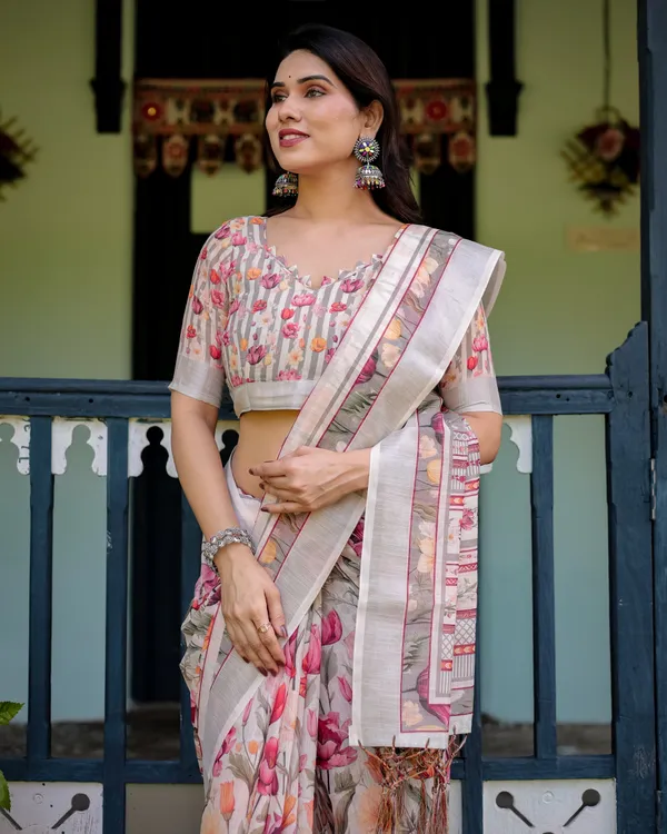 Elegant_Floral_Print_Pure_Cotton_Linen_Saree_in_Ivory_with_Multi-Color_Florals_and_Tassels
