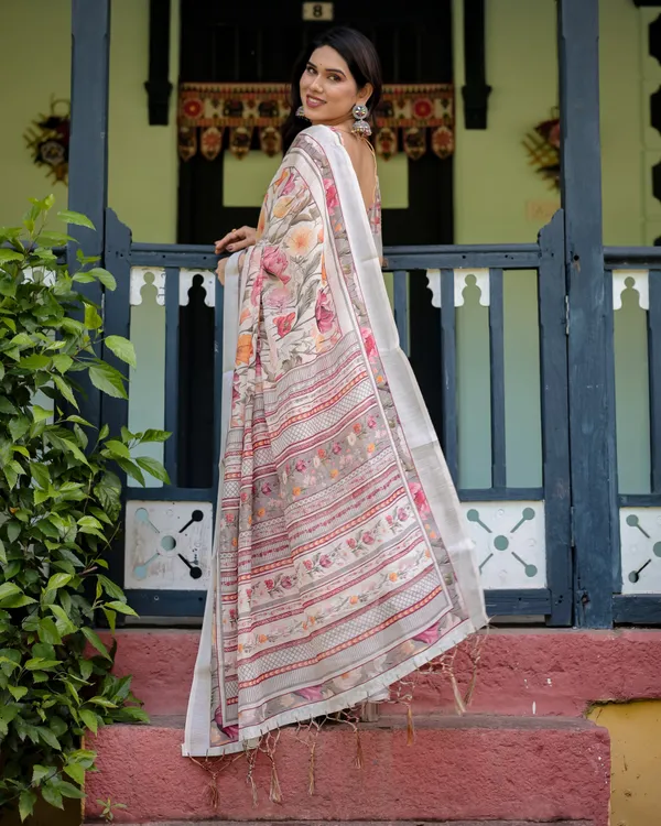 Elegant_Floral_Print_Pure_Cotton_Linen_Saree_in_Ivory_with_Multi-Color_Florals_and_Tassels