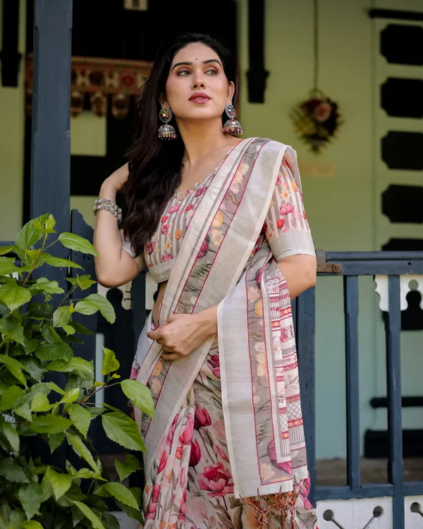 Elegant_Floral_Print_Pure_Cotton_Linen_Saree_in_Ivory_with_Multi-Color_Florals_and_Tassels