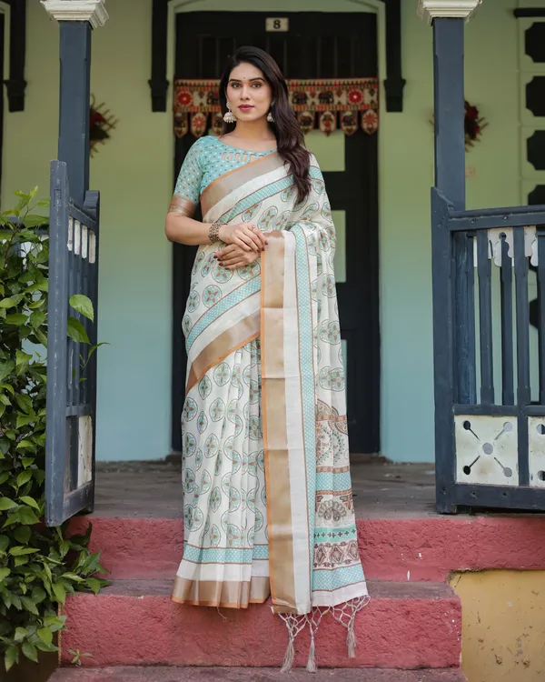 Beige_With_Aqua_Pure_Cotton_Linen_Saree_with_Geometric_Floral_Design_and_Tassels_on_Edges