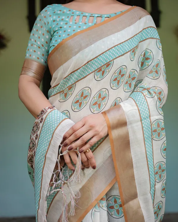Beige_With_Aqua_Pure_Cotton_Linen_Saree_with_Geometric_Floral_Design_and_Tassels_on_Edges