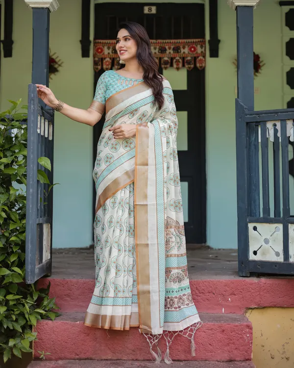 Beige_With_Aqua_Pure_Cotton_Linen_Saree_with_Geometric_Floral_Design_and_Tassels_on_Edges