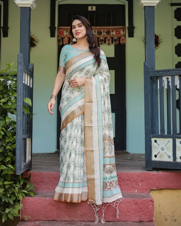 Beige_With_Aqua_Pure_Cotton_Linen_Saree_with_Geometric_Floral_Design_and_Tassels_on_Edges